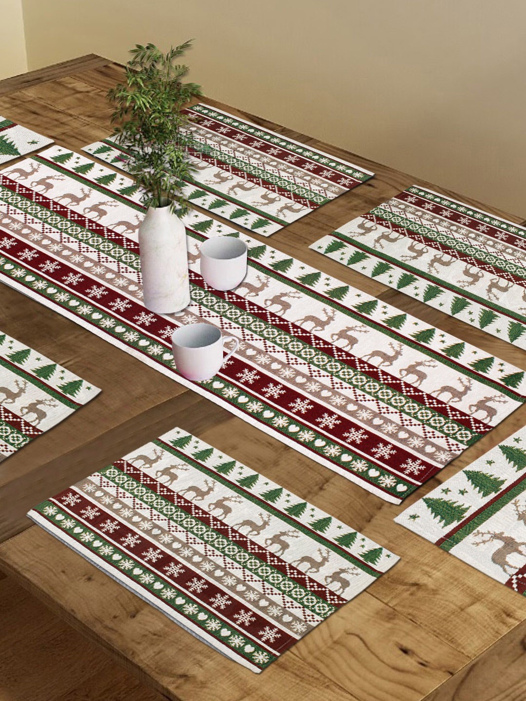 

AVI Living 7 Pieces White & Green Christmas Jacquard Woven Table Placemats & Runner