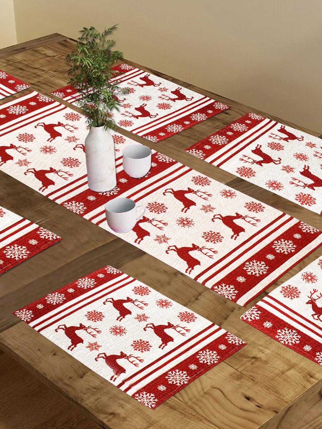 

AVI Living 9 Pieces White & Red Reindeer Christmas Jacquard Woven Table Placemats & Runner