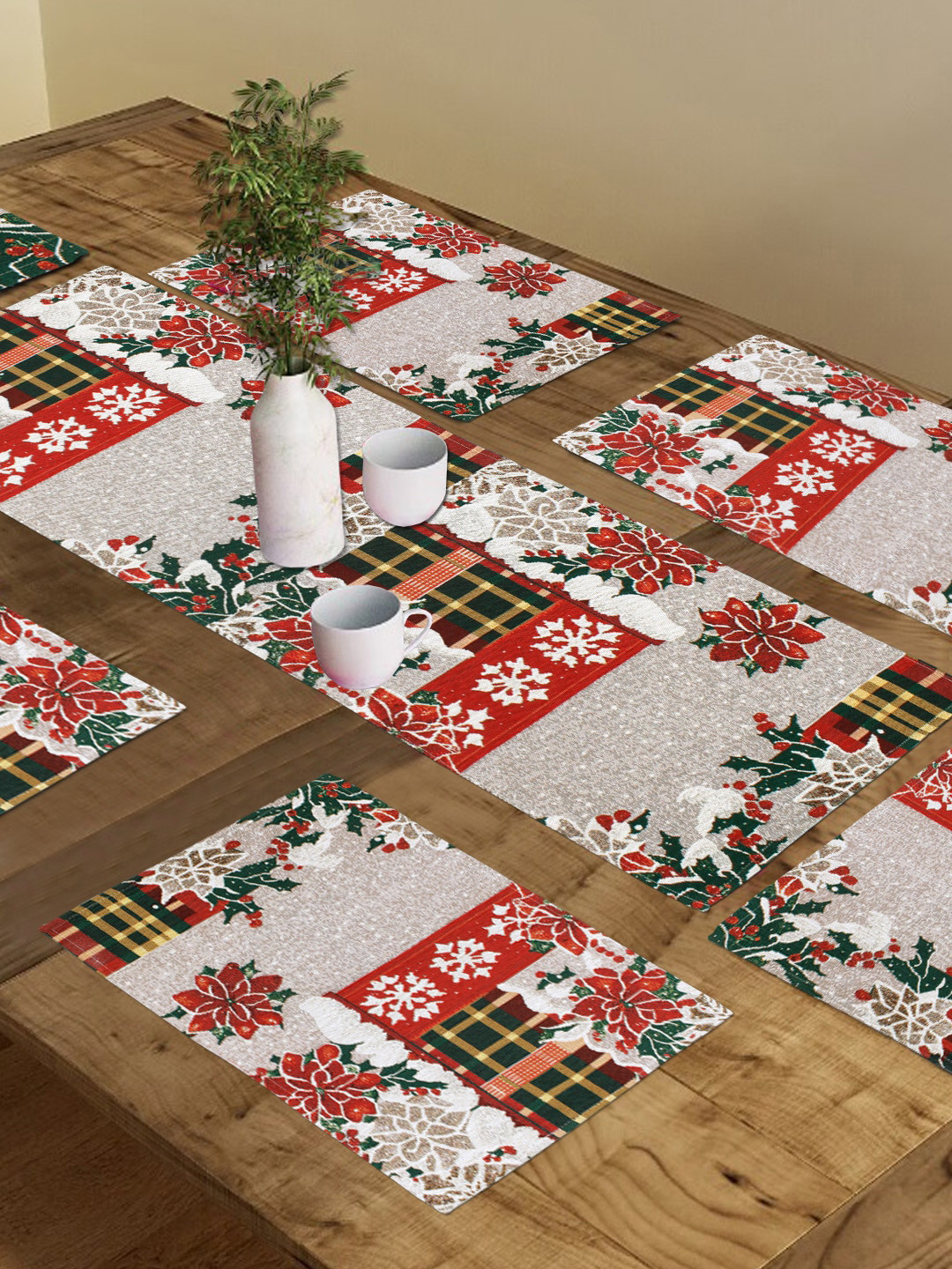 

AVI Living Set Of 7 Christmas Sprit Jacquard Woven Table Placemats & Runner, Off white