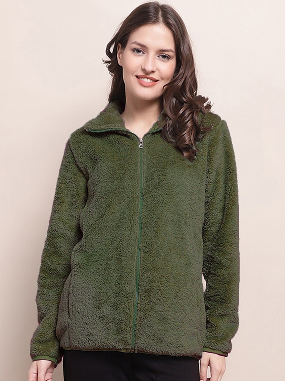 

Kanvin Green Mock Collar Long Sleeves Fur Front-Open Sweatshirt