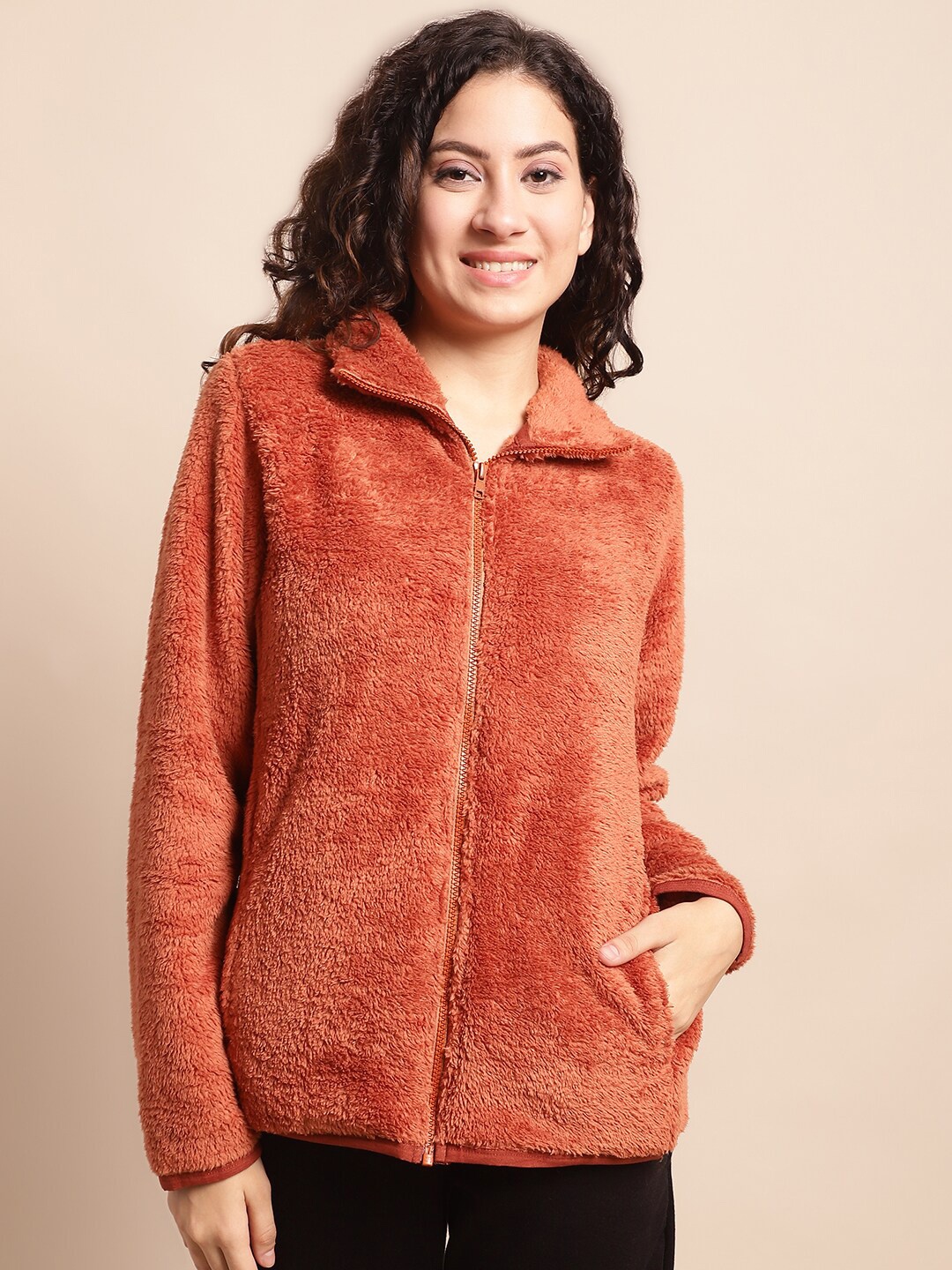

Kanvin Rust Mock Collar Long Sleeves Fur Front-Open Sweatshirt