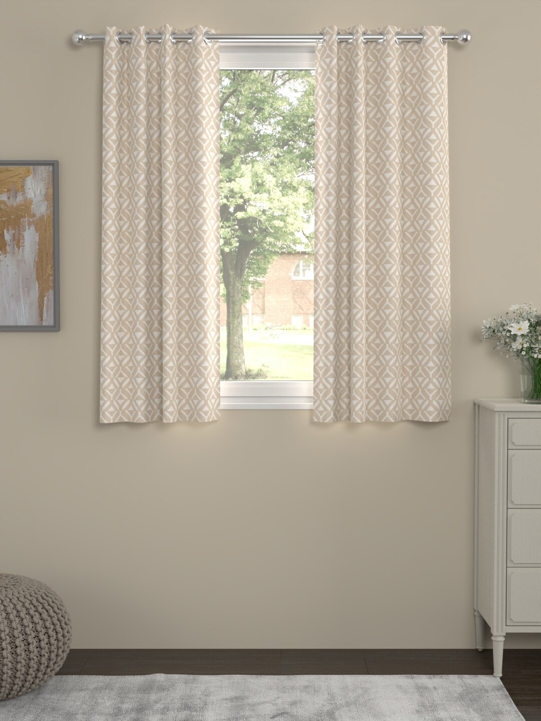 

ROSARA HOME Shia Beige & White 2 Pcs Geometric Regular Window Curtain