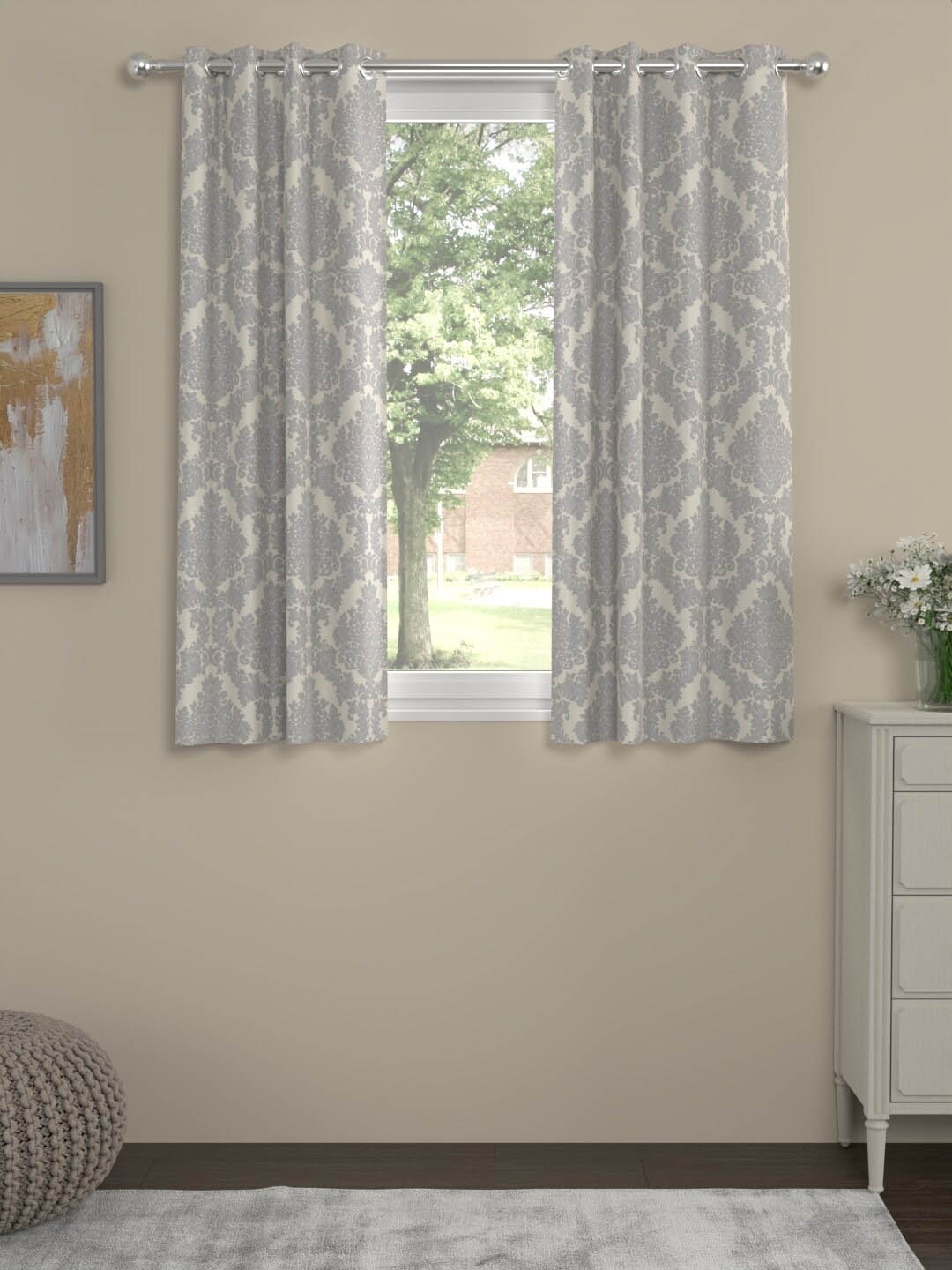 

ROSARA HOME Abel Grey & White 2 Pcs Geometric Regular Window Curtain