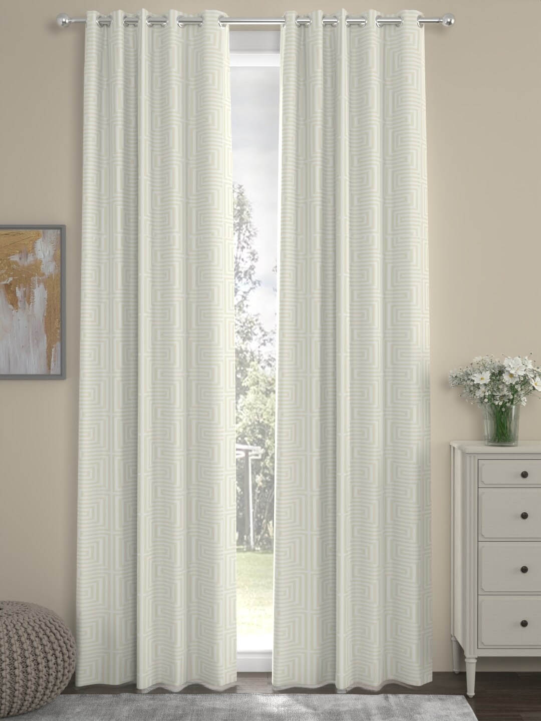 

ROSARA HOME Finn Off White & Green 2 Pcs Geometric Regular Long Door Curtain