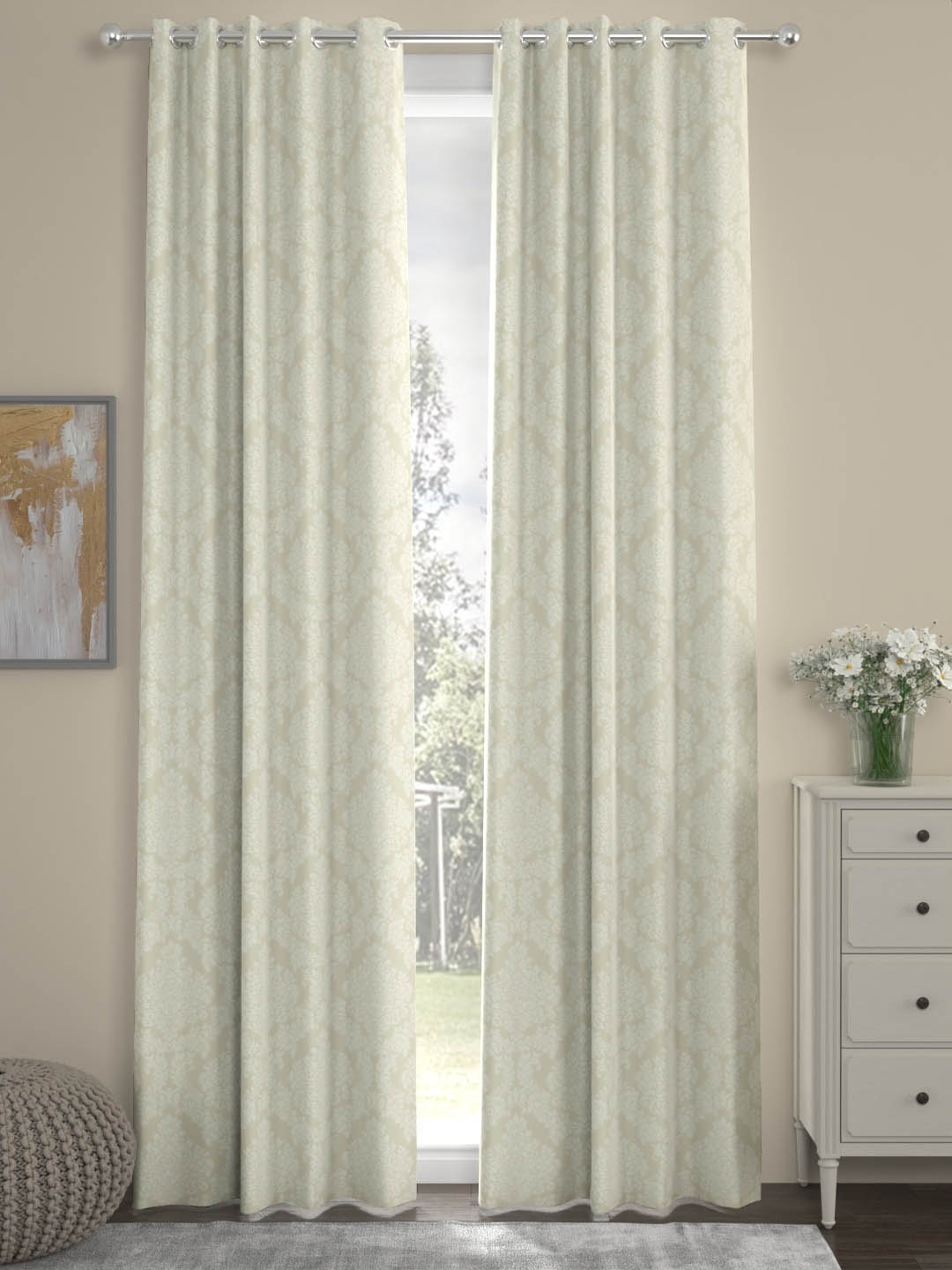 ROSARA HOME Off White Ethnic Printed 2 Pieces Eyelets Long Door Curtains