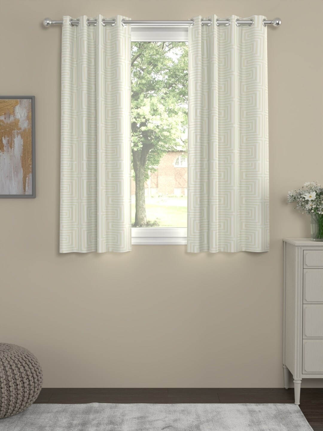

ROSARA HOME Beige& White Geometric 2 Pieces Eyelet Window Curtains