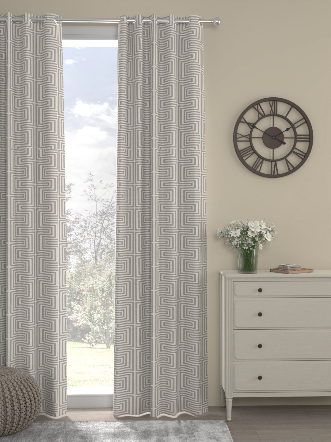 ROSARA HOME Grey Geometric 2 Pieces Eyelets Door Curtains