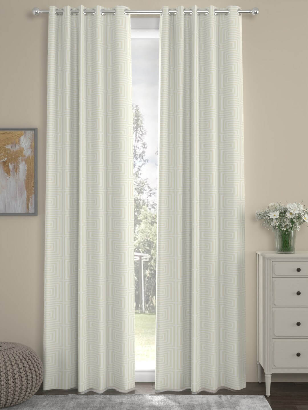 

ROSARA HOME Beige & White 2 Pieces Geometric Regular Long Door Curtains, Off white