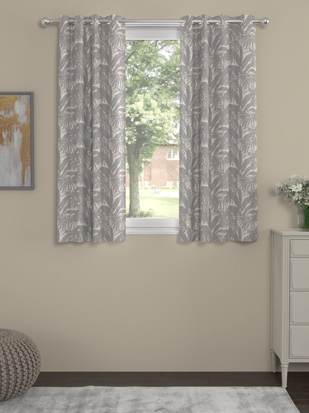 ROSARA HOME Neel Grey &Off White 2Pcs Floral Printed Eyelet Window Curtains and Sheers
