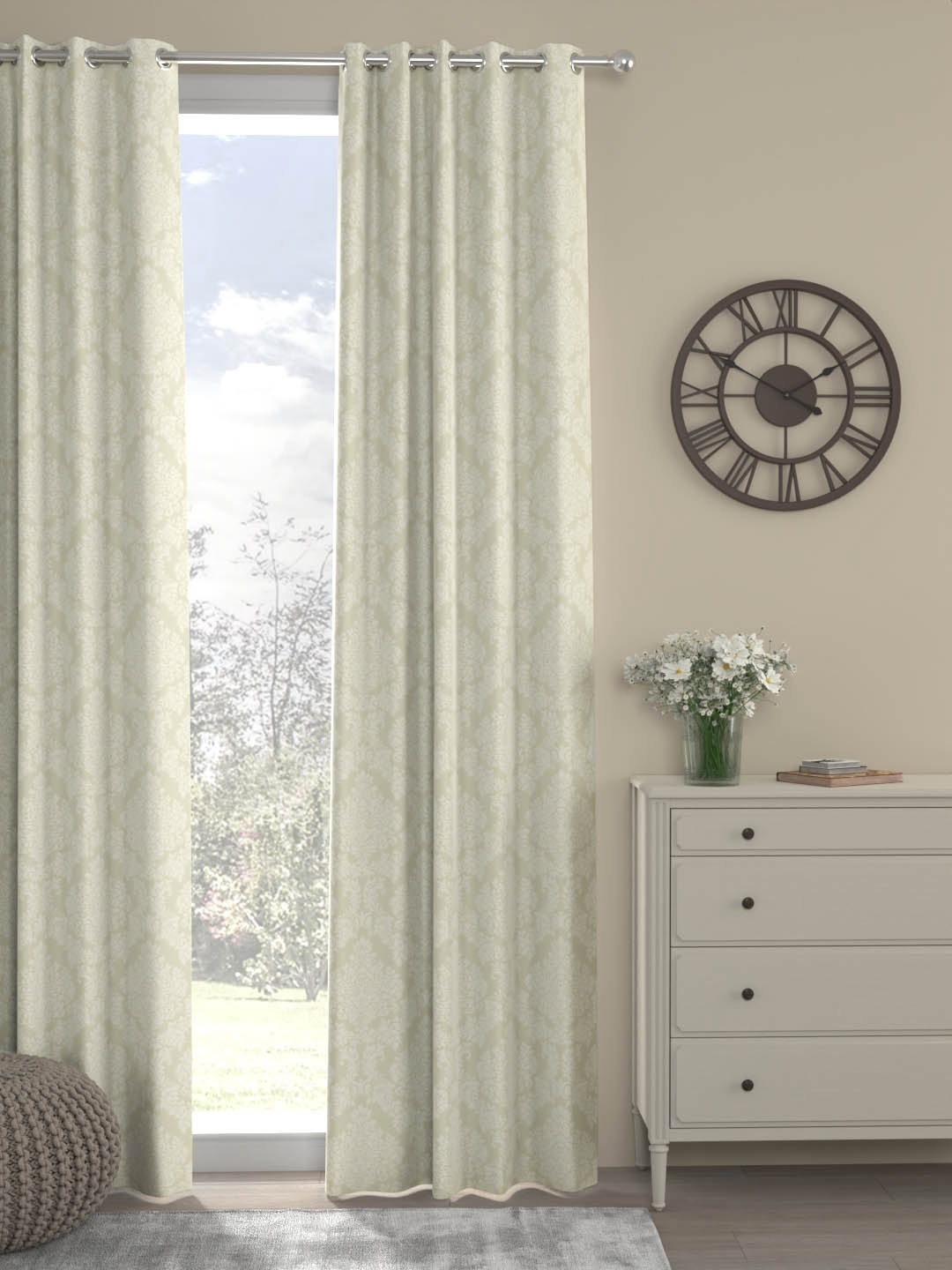ROSARA HOME Abel Off White and Beige Ethnic Motifs Eyelet Long Door Curtains and Sheers