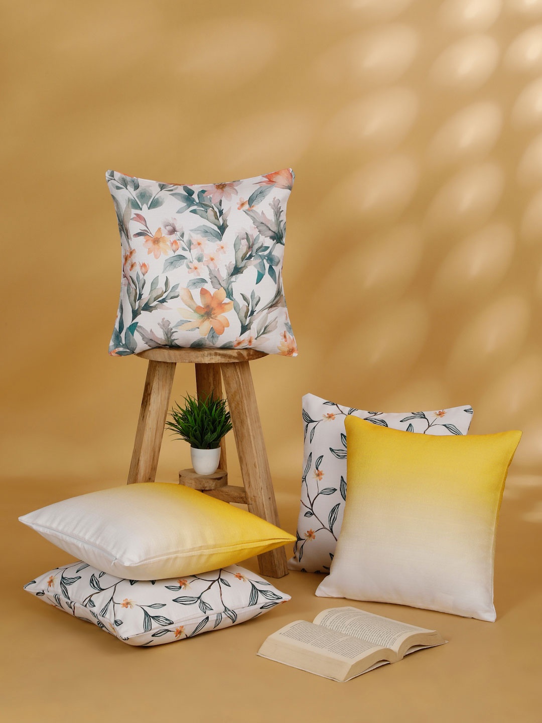 

ROSARA HOME Mustard & White 5 Pieces Floral Printed Square Cushion Covers