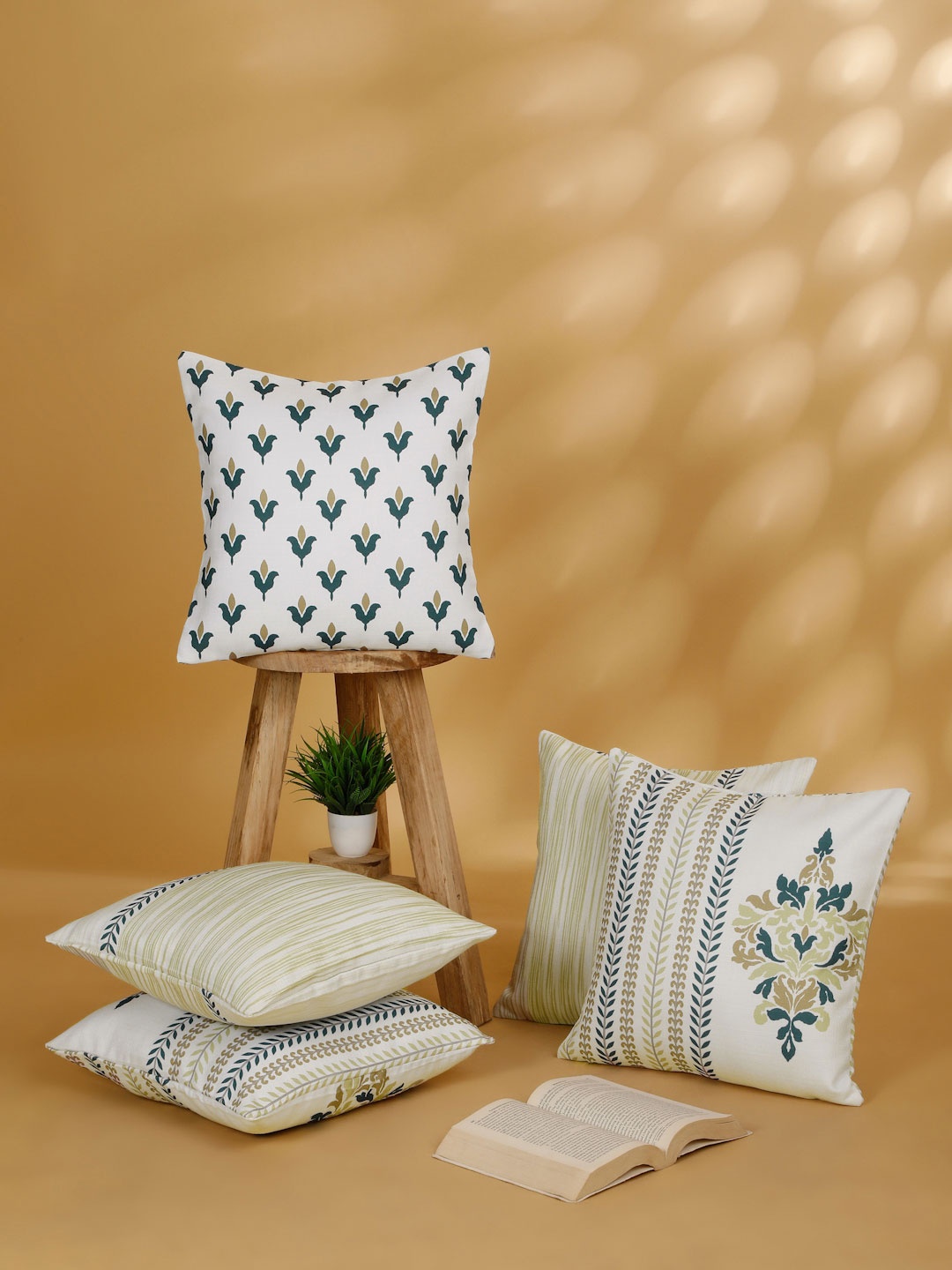

ROSARA HOME Green & White 5 Pieces Ethnic printed Square Cushion Covers