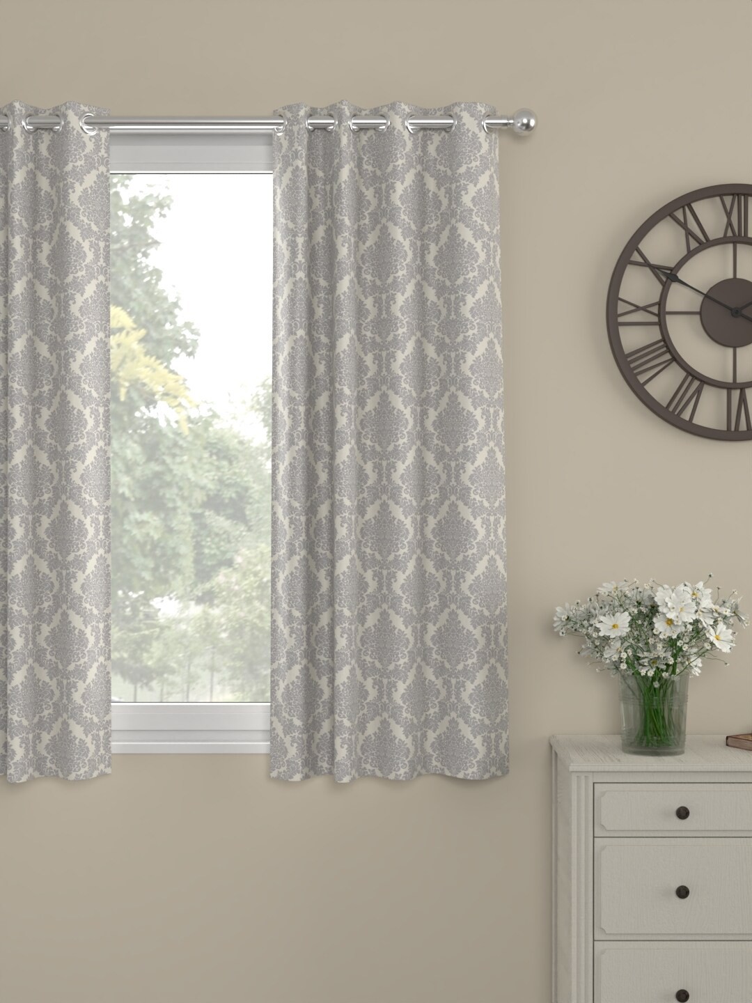 

ROSARA HOME Abel Grey & Off White Ethnic Motifs Regular Eyelet Window Curtains and Sheers