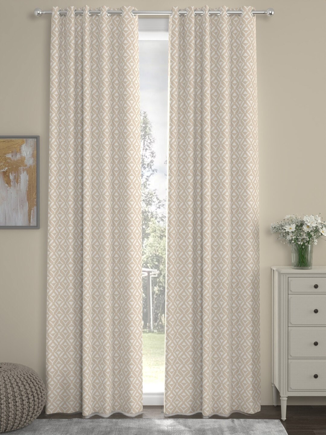 ROSARA HOME Beige & White 2 pieces Geometric Door Curtain
