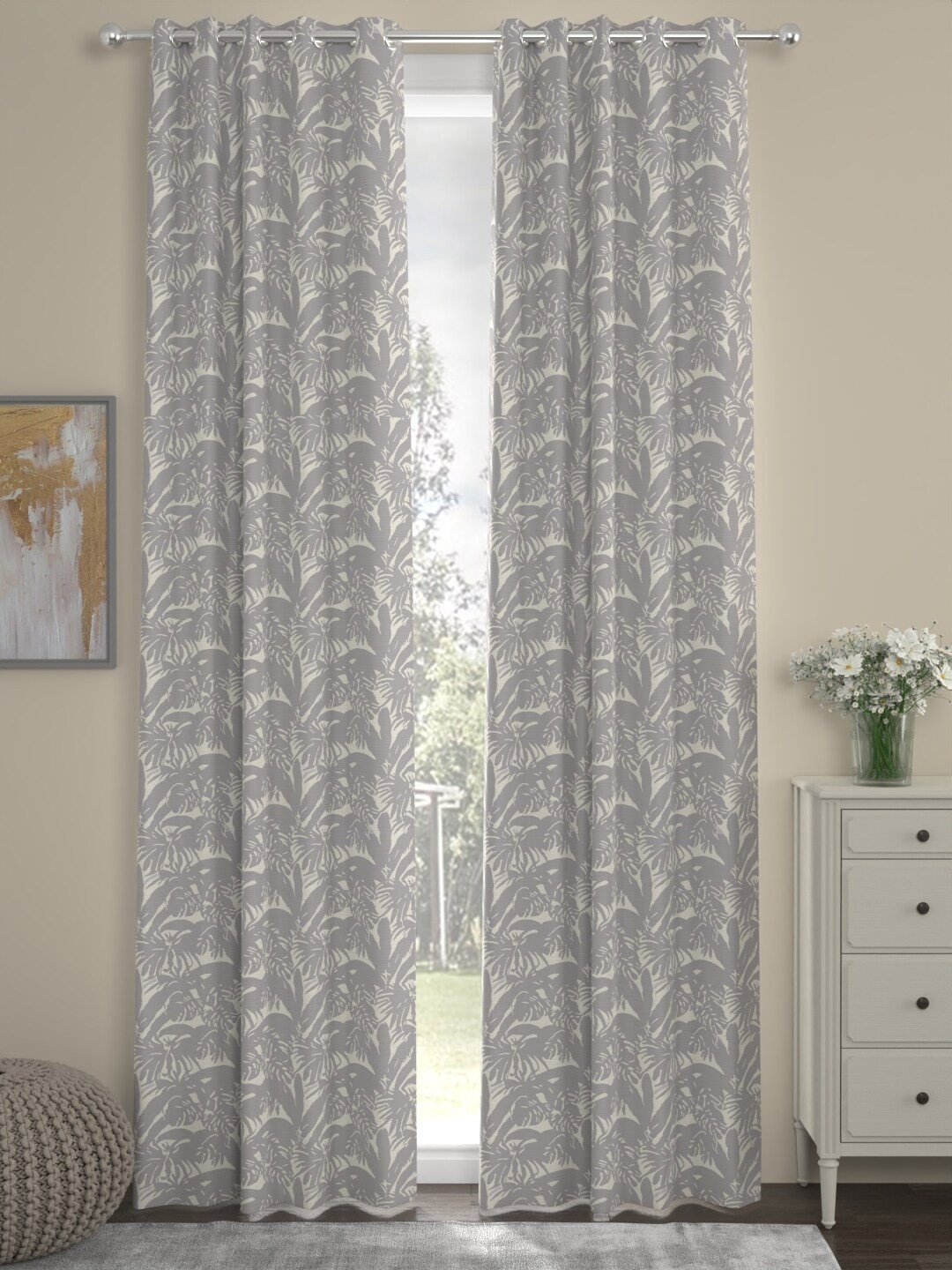 

ROSARA HOME Grey & off White 2 pieces Tropical Door Curtain