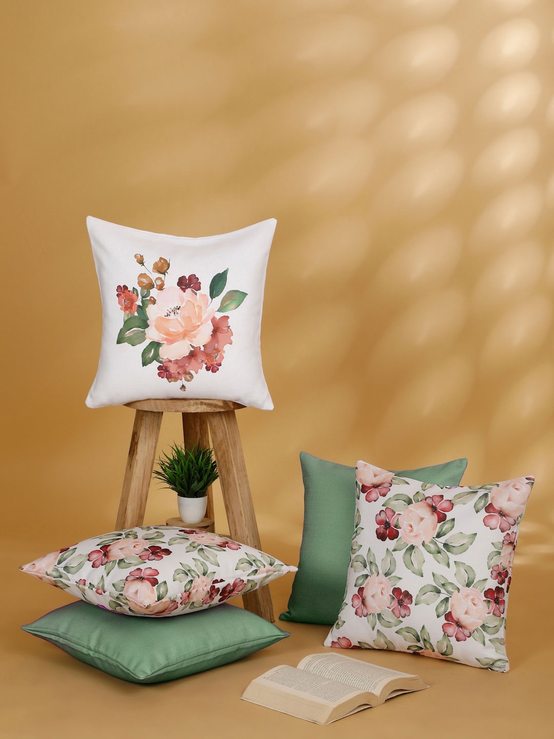 

ROSARA HOME kate Sea Green & White 5 Pieces Floral Printed Square Cushion Covers