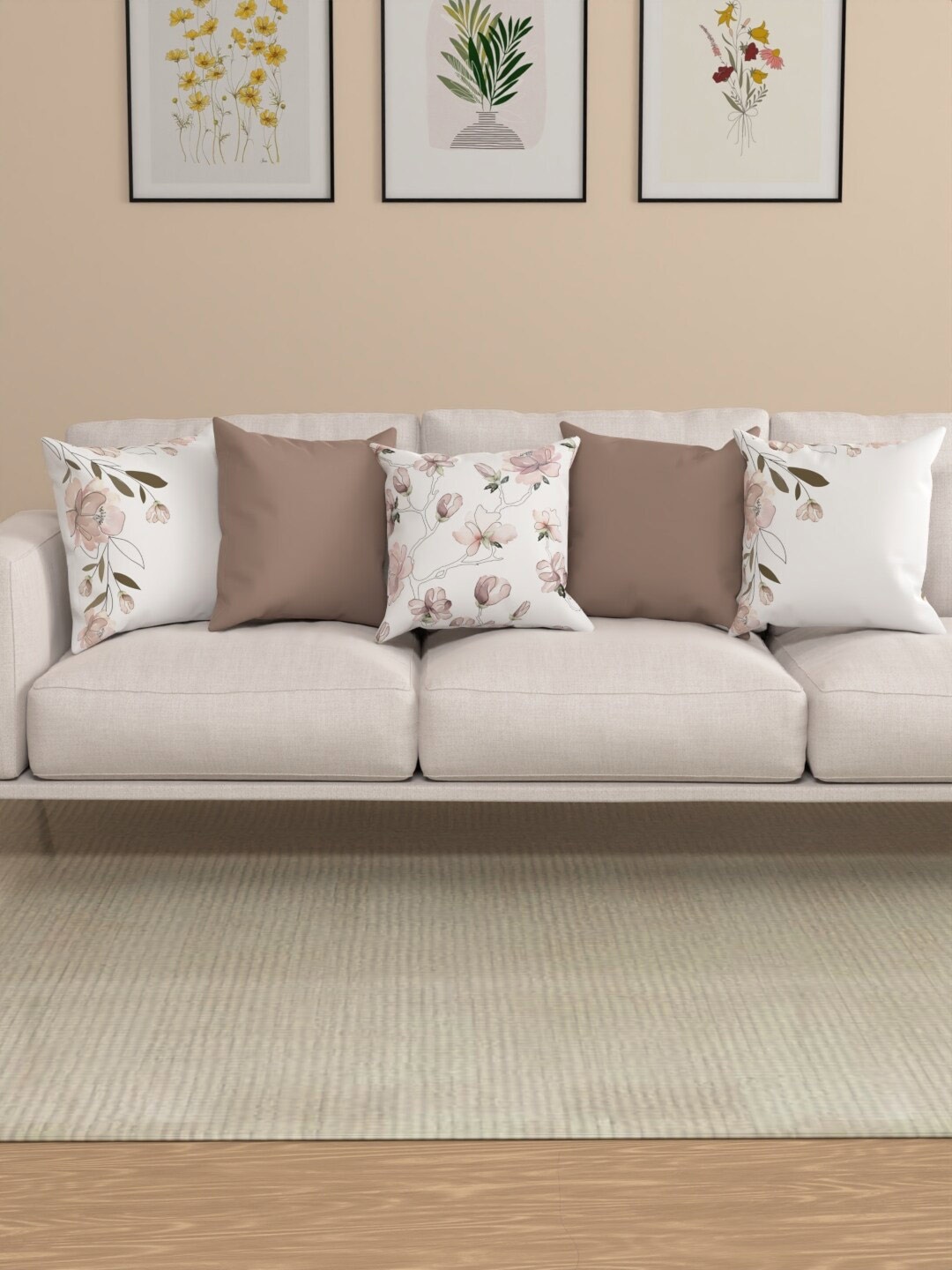 ROSARA HOME Eric Beige & White 5 Pieces Floral Printed Square Cushion Covers