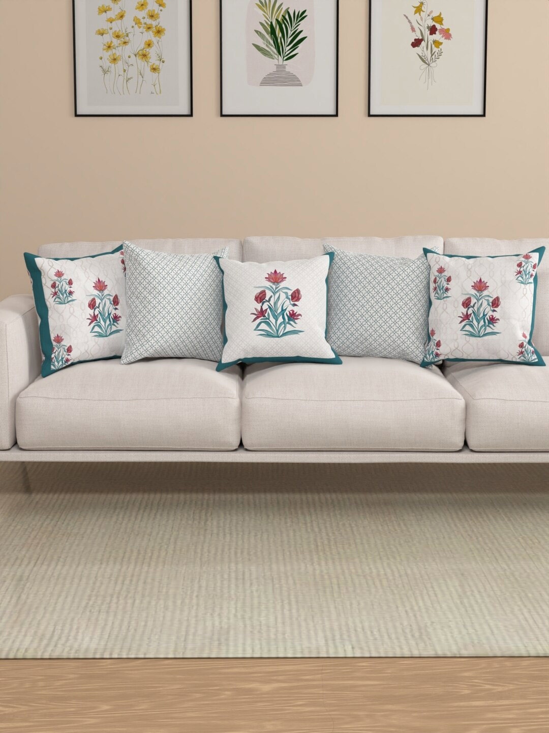 

ROSARA HOME Zoya Blue & White 5 Pieces Ethnic Printed Square Cushion Covers