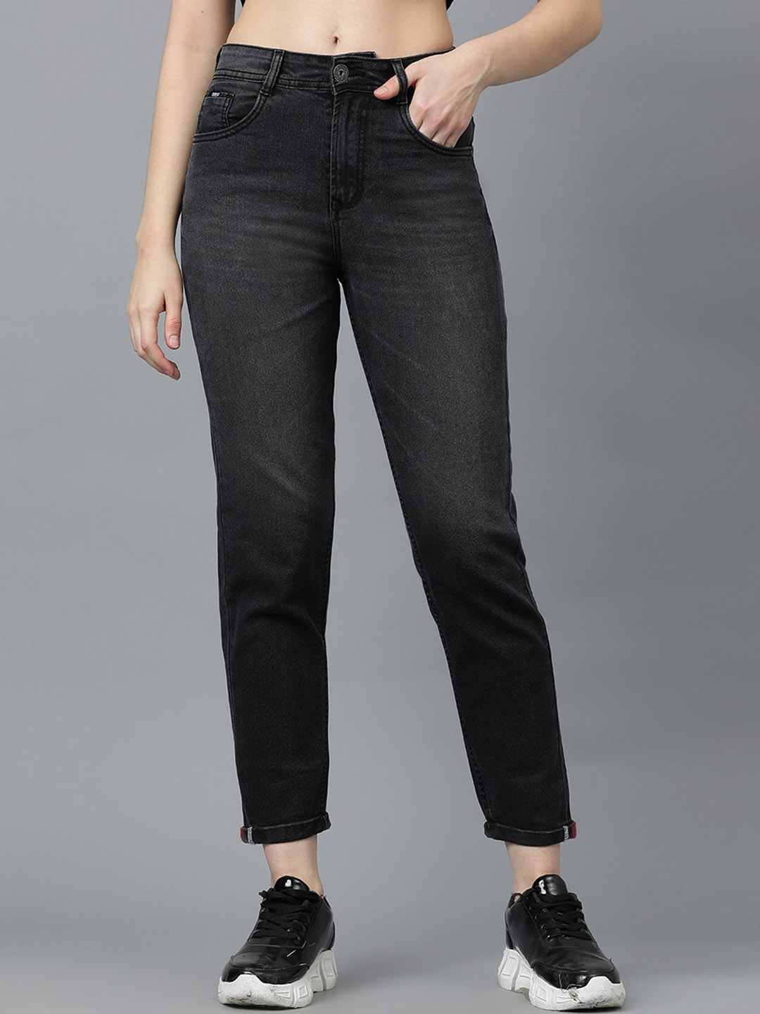 

Code 61 Women Regular Fit High-Rise Light Fade Cropped Stretchable Jeans, Black