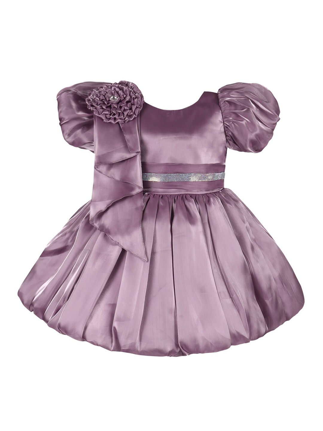 

Wish Karo Girls Puff Sleeves Corsage Detail Satin Fit & Flare Dress, Purple