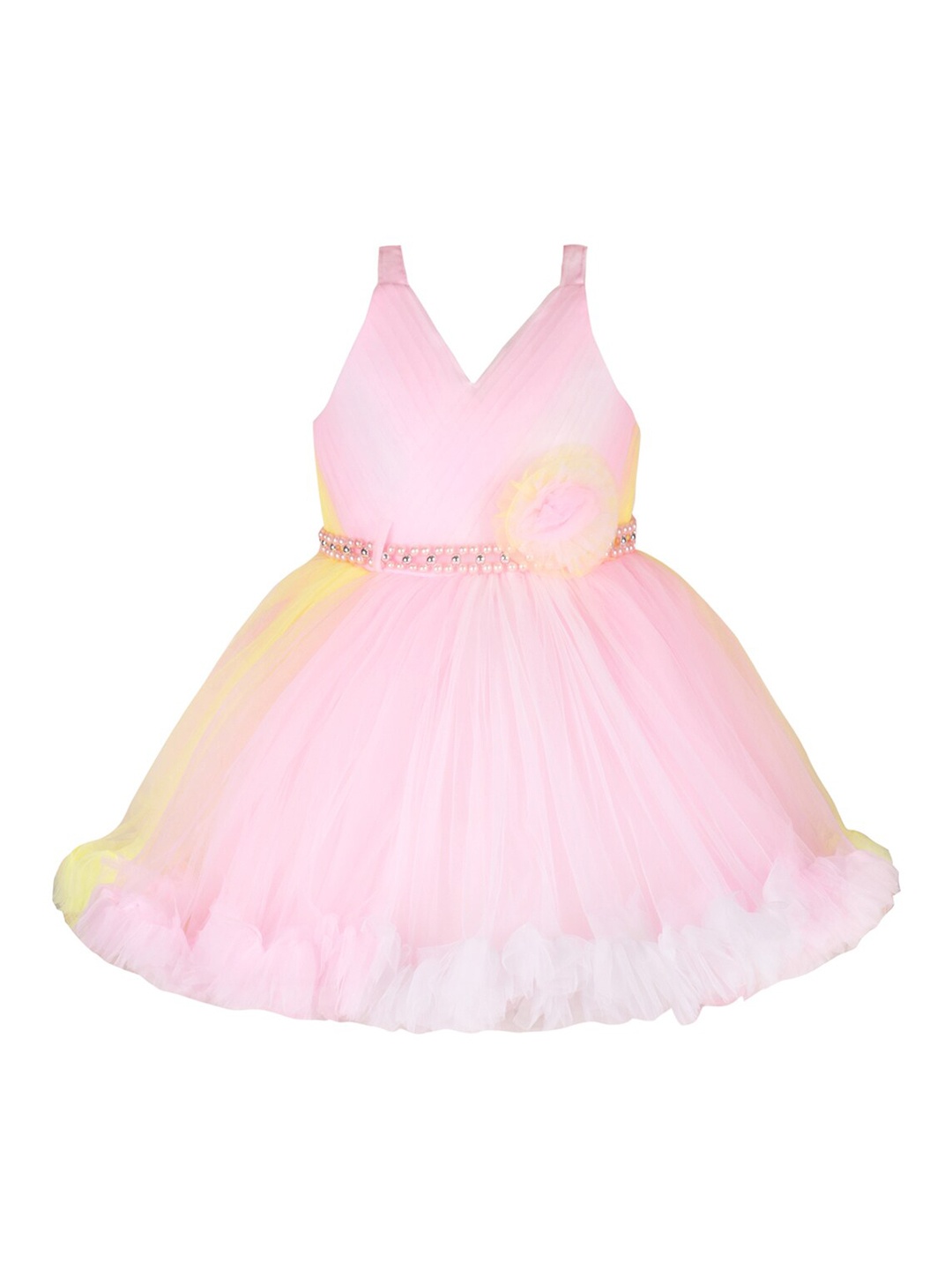 

Wish Karo Girls Shoulder Straps Corsage Detail Net Fit & Flare Dress, Pink