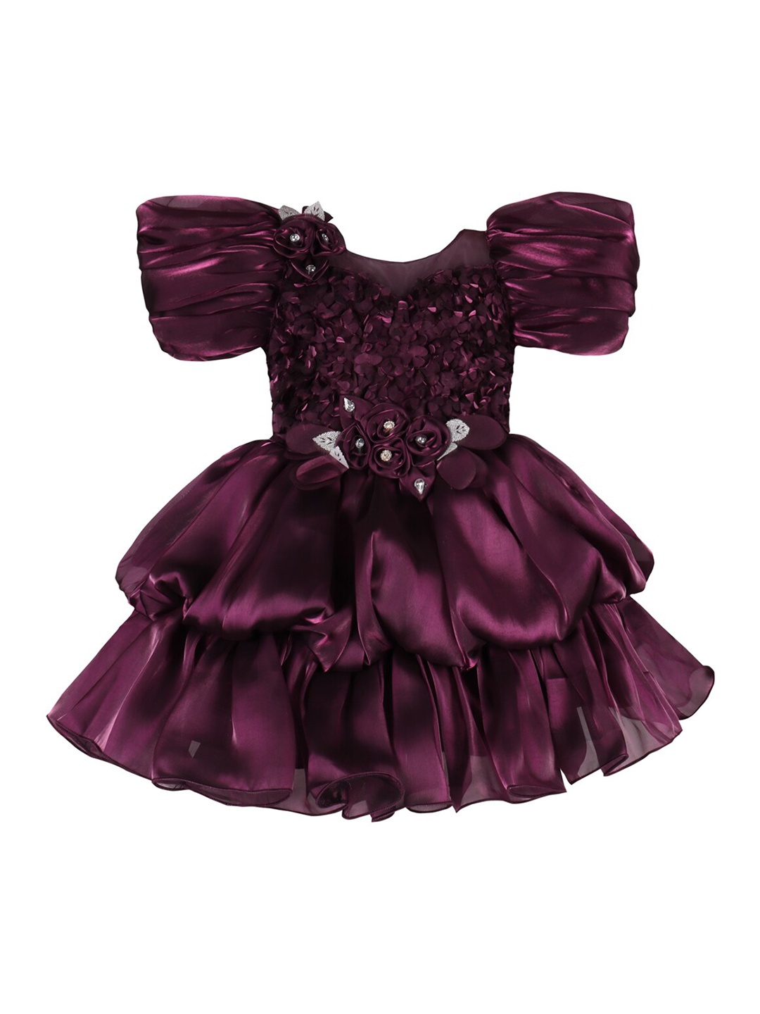 

Wish Karo Puff Sleeve Corsage Detail Satin Fit & Flare Dress, Purple