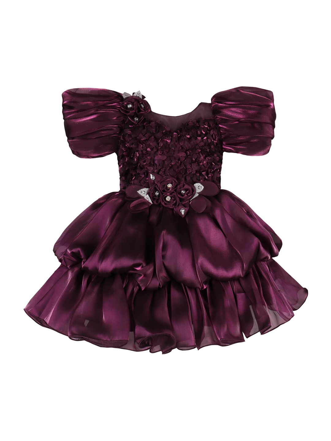 

Wish Karo Girls Puff Sleeves Corsage Detail Satin Fit & Flare Dress, Purple