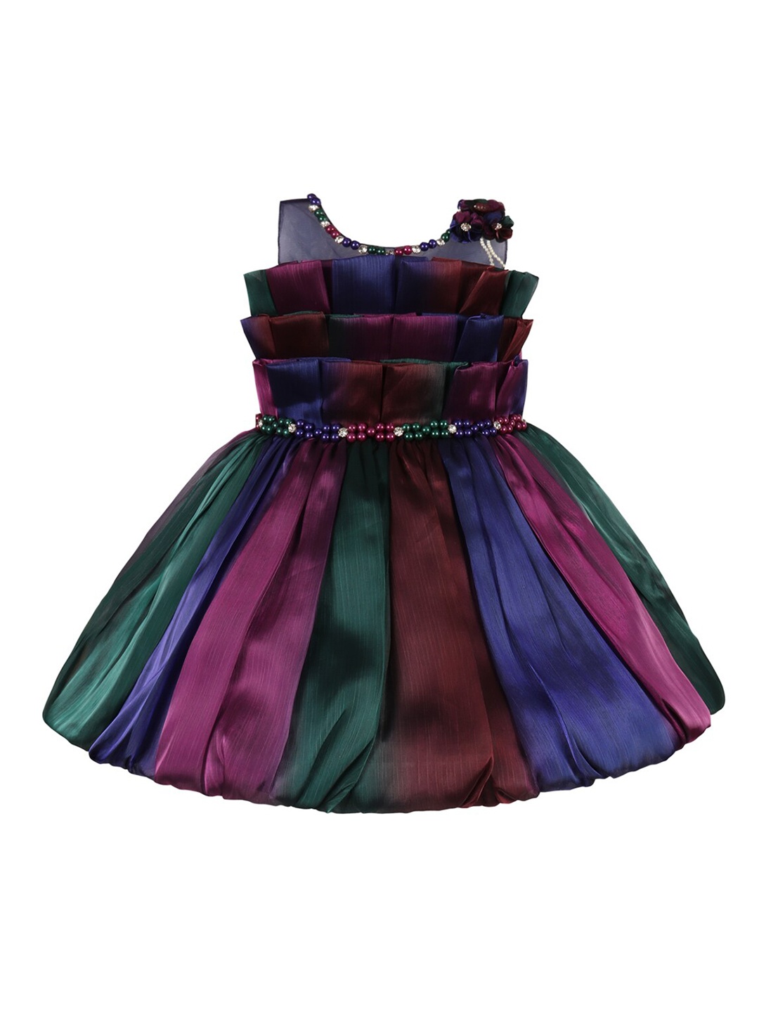 Wish Karo Girls Striped Embellished Satin Fit & Flare Dress, Pink