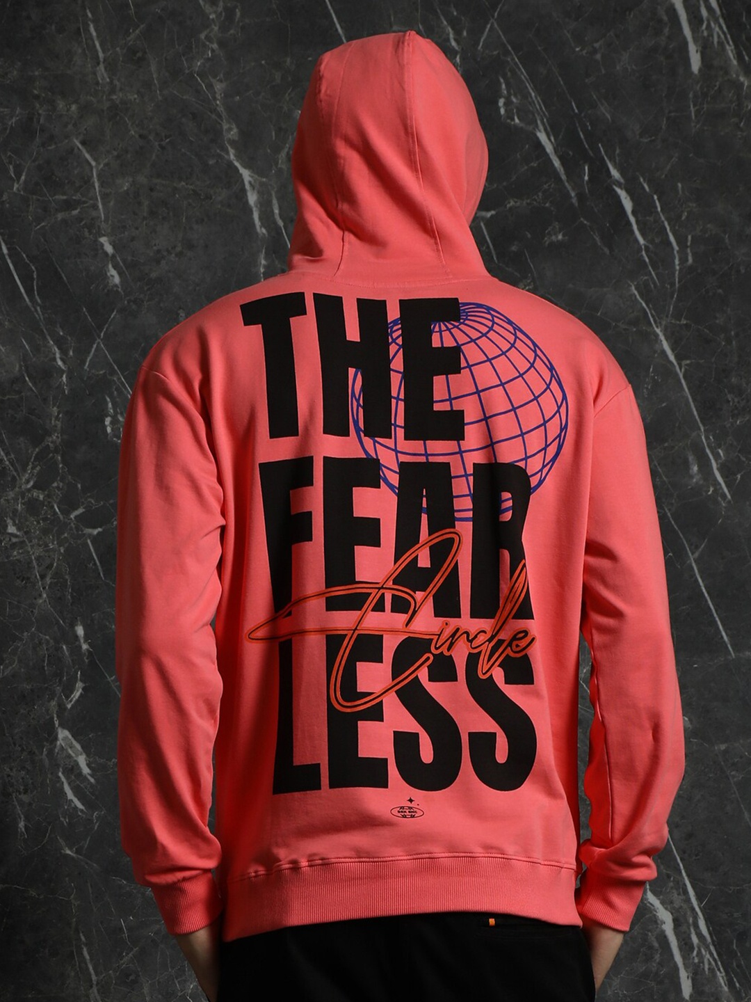 

BreakbounceCoral Orange Fearless Typography printed Relaxed Fit Printed Hooded Pullover, Coral