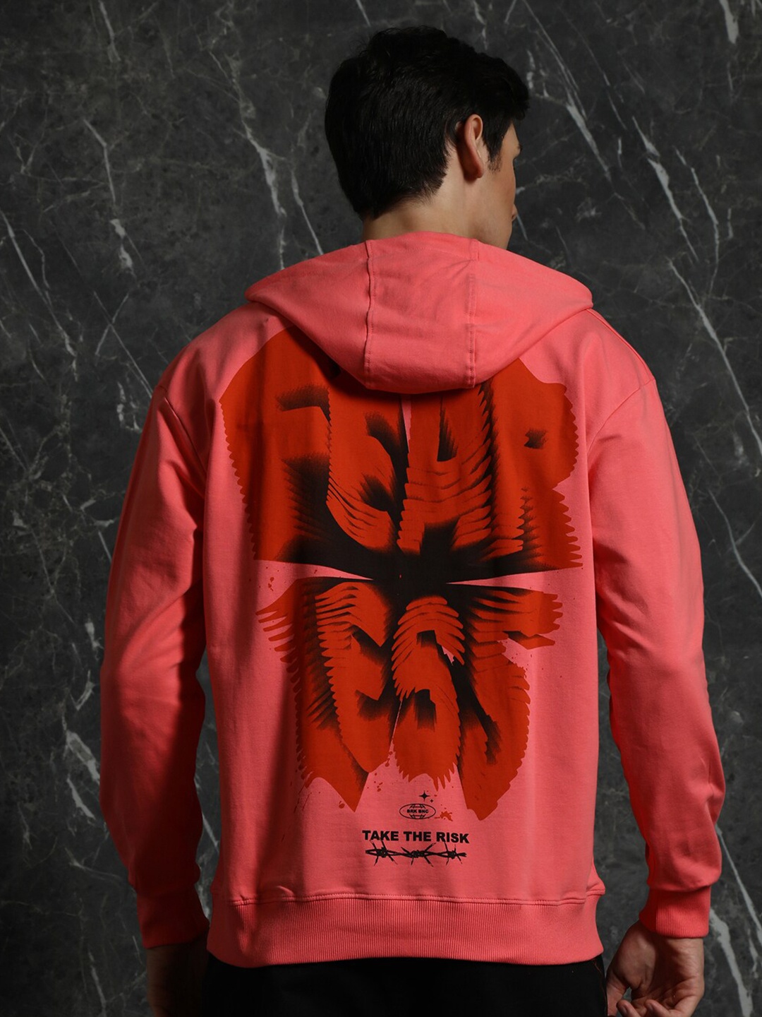 

BreakbounceCoral Orange Fearless Typography printed Relaxed Fit Printed Hooded Pullover, Coral