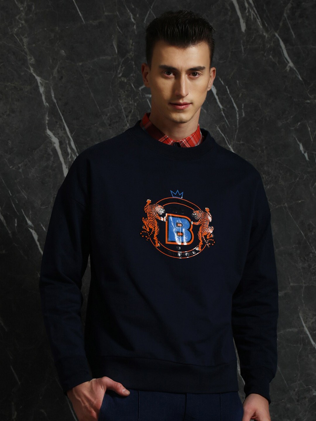 

Breakbounce Navy Blue Silicon Print Cotton Oversized Pullover