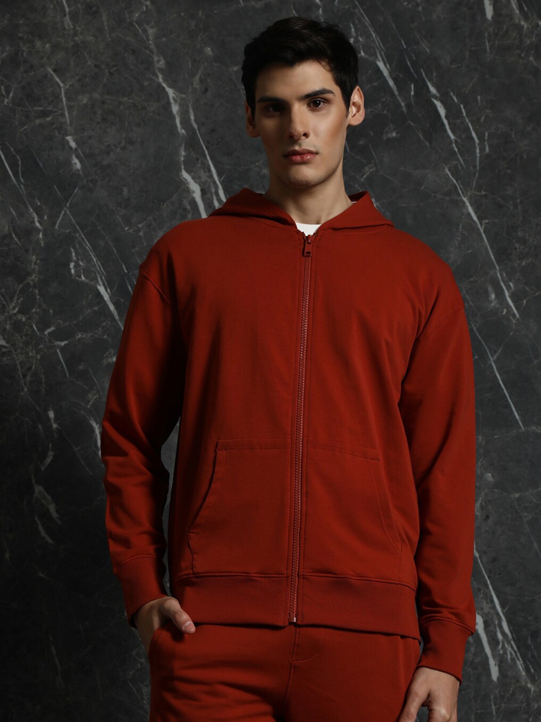 

Breakbounce Rust Maroon Relaxed Fit Front Open Cotton Hooded Sweatshirt