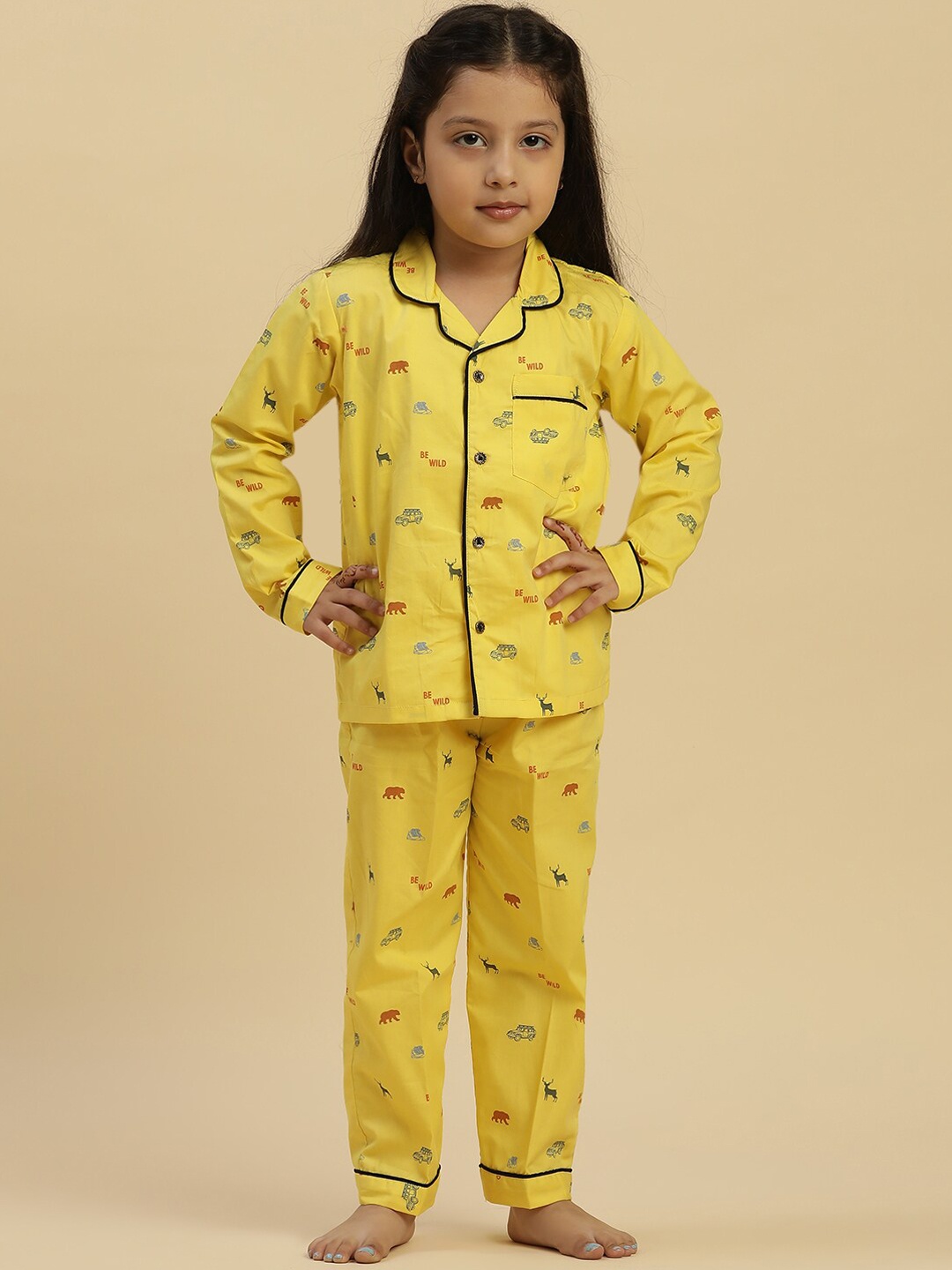 

Stuffie Land Girls Conversational Printed Lapel Collar Long Sleeve Night suit, Yellow