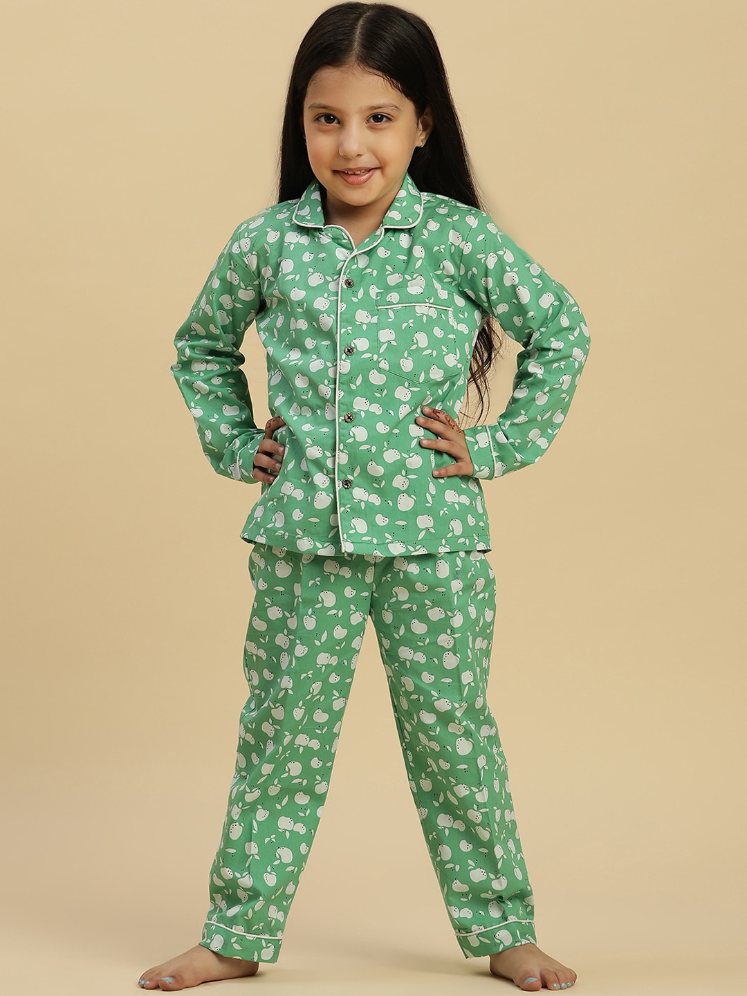 

Stuffie Land Girls Conversational Printed Shirt Collar Long Sleeve Night suit, Green