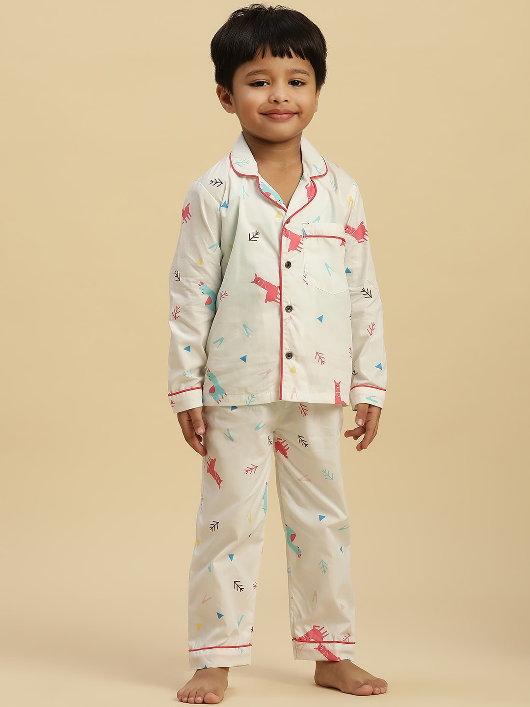 

Stuffie Land Boys Conversational Printed Lapel Collar Long Sleeve Night suit, Off white