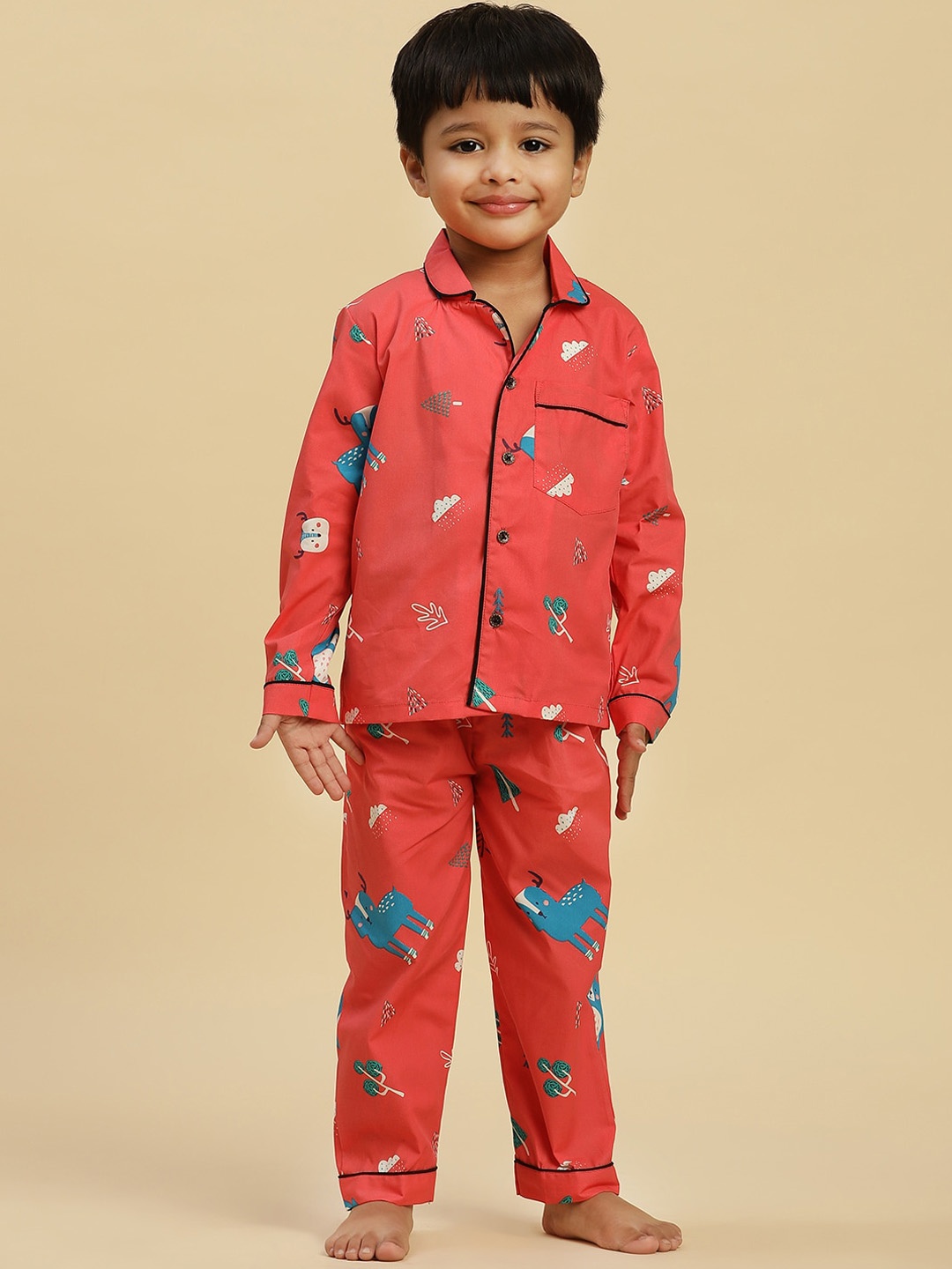 

Stuffie Land Boys Conversational Printed Shirt Collar Long Sleeve Night suit, Red