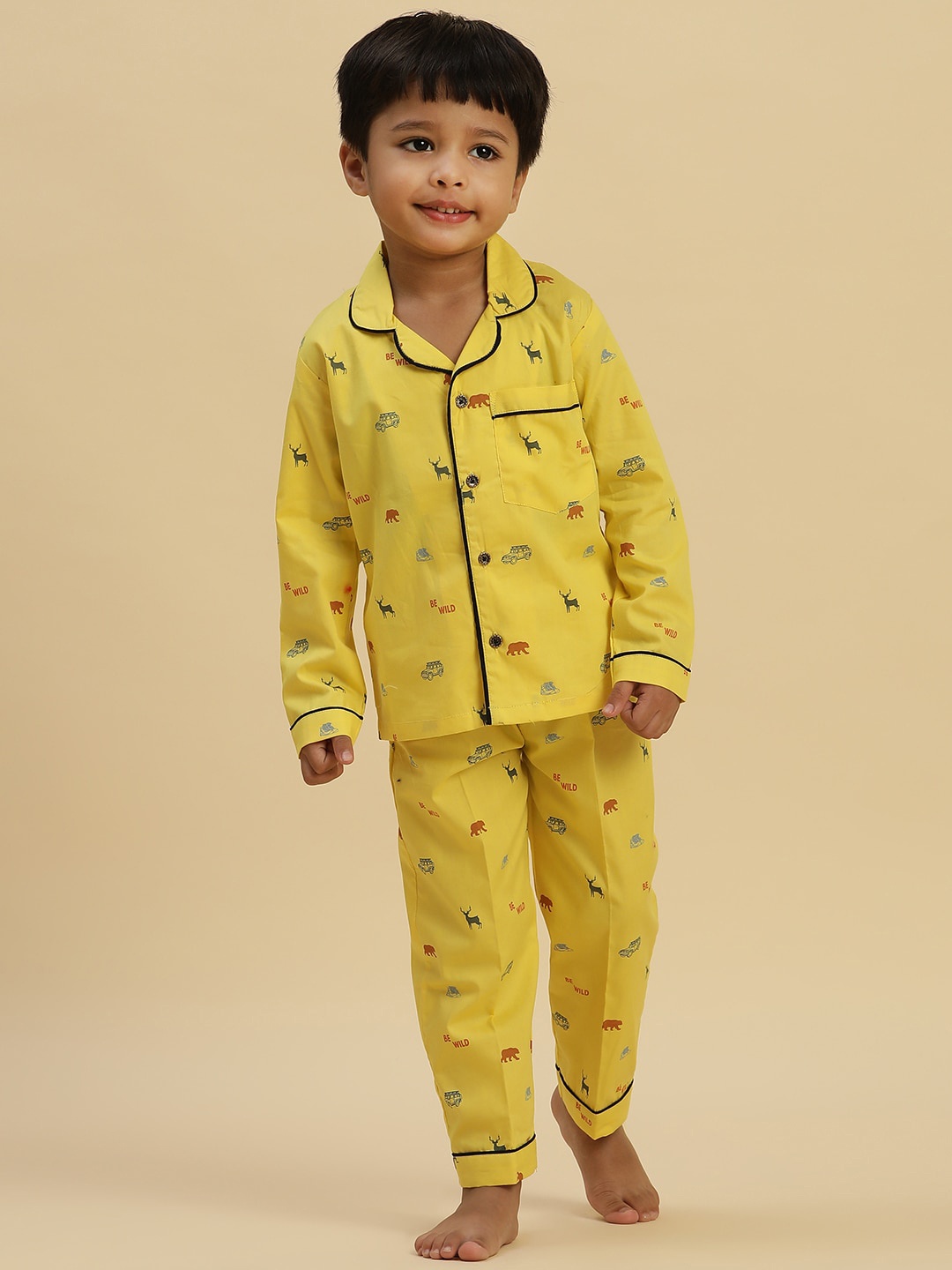 

Stuffie Land Boys Conversational Printed Lapel Collar Long Sleeve Night suit, Yellow