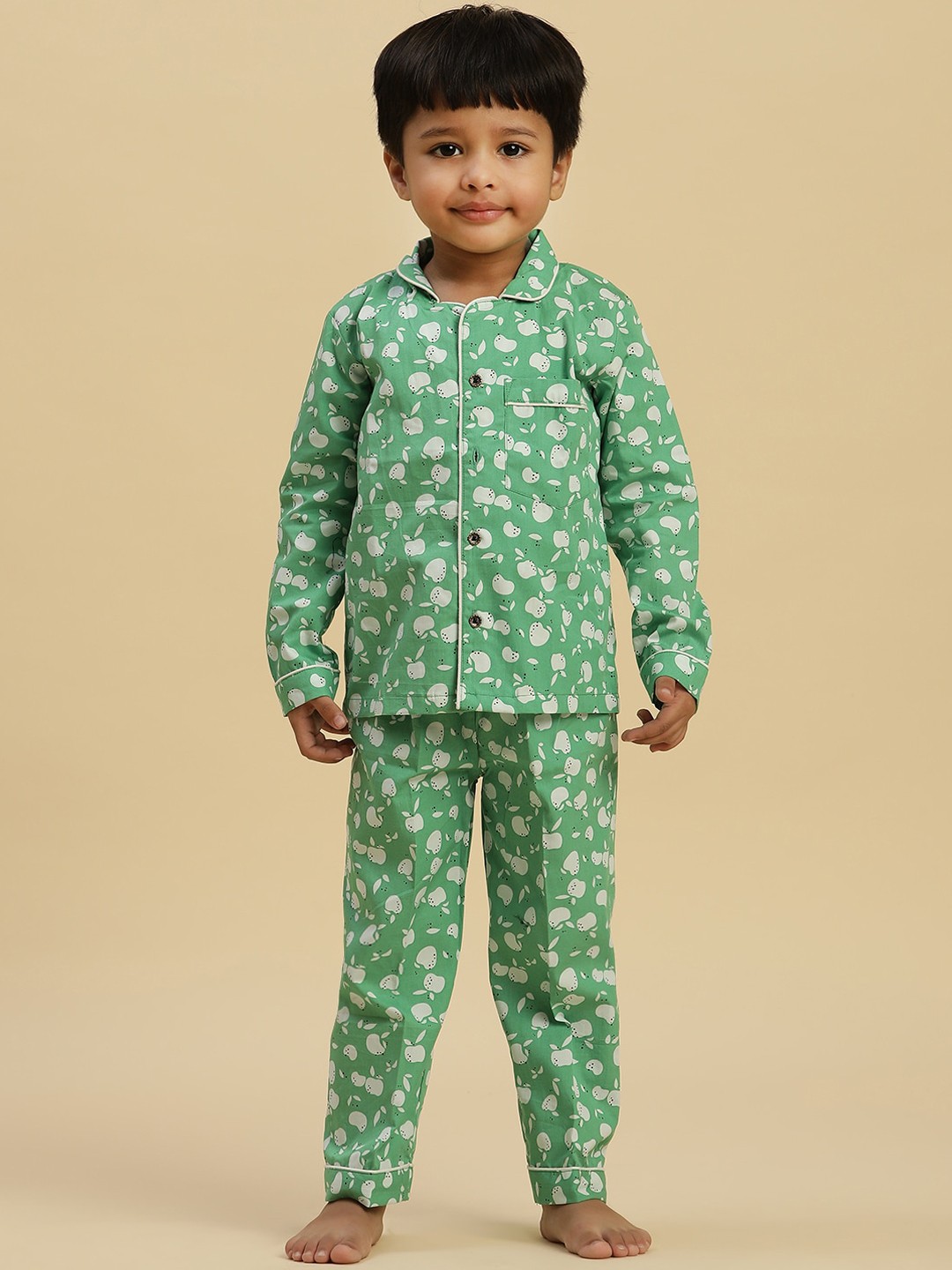 

Stuffie Land Boys Conversational Printed Shirt Collar Long Sleeve Night suit, Green