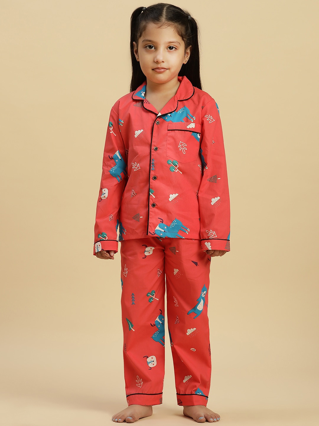 

Stuffie Land Girls Conversational Printed Lapel Collar Long Sleeve Night suit, Red