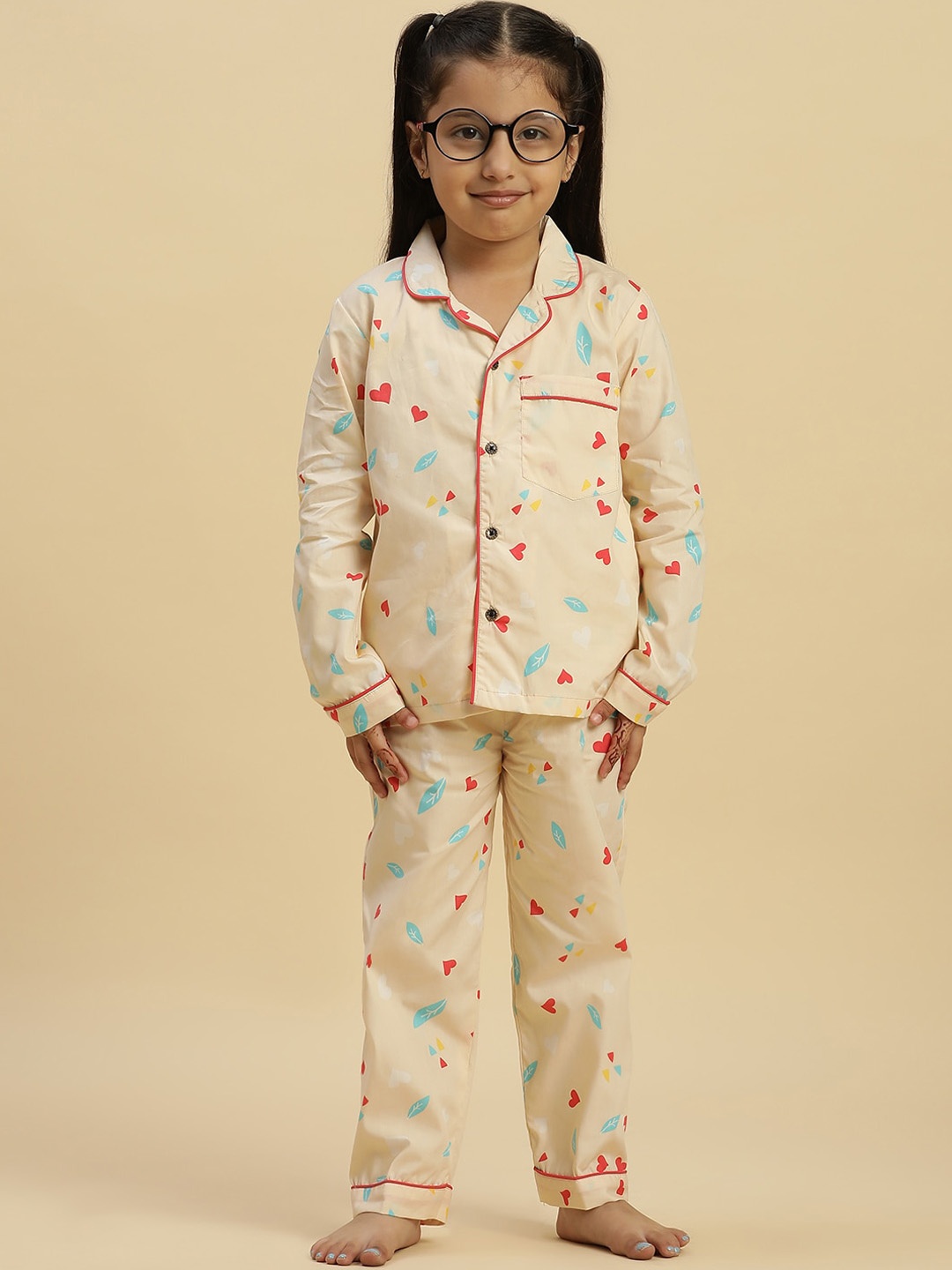 

Stuffie Land Girls Geometric Printed Night suit, Yellow