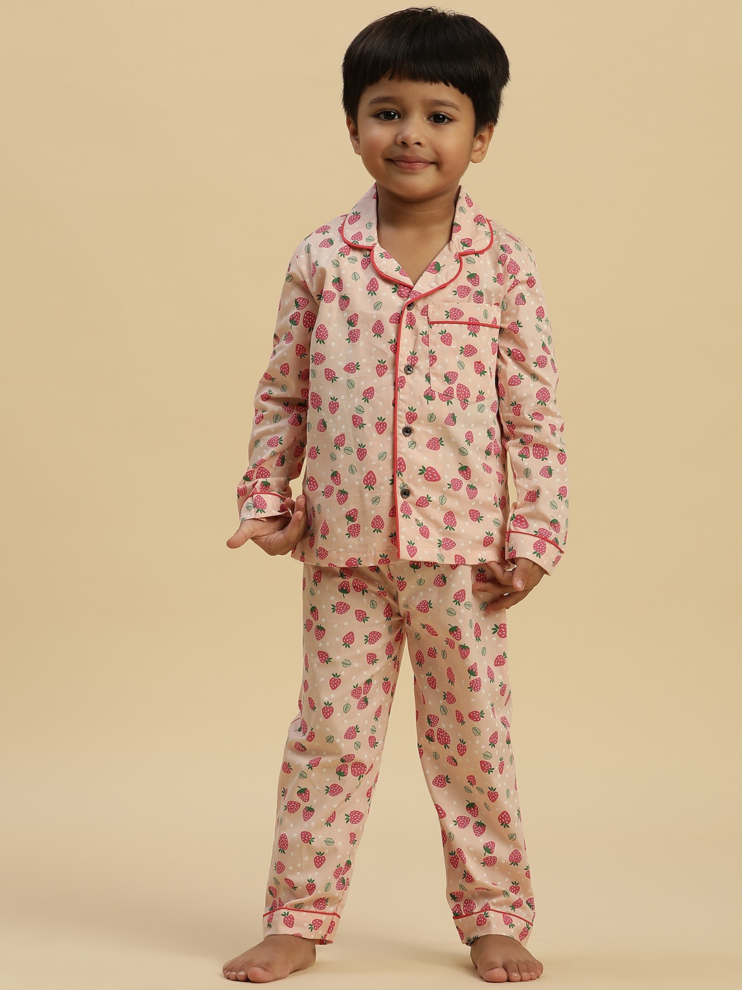 

Stuffie Land Boys Conversational Printed Night suit, Peach