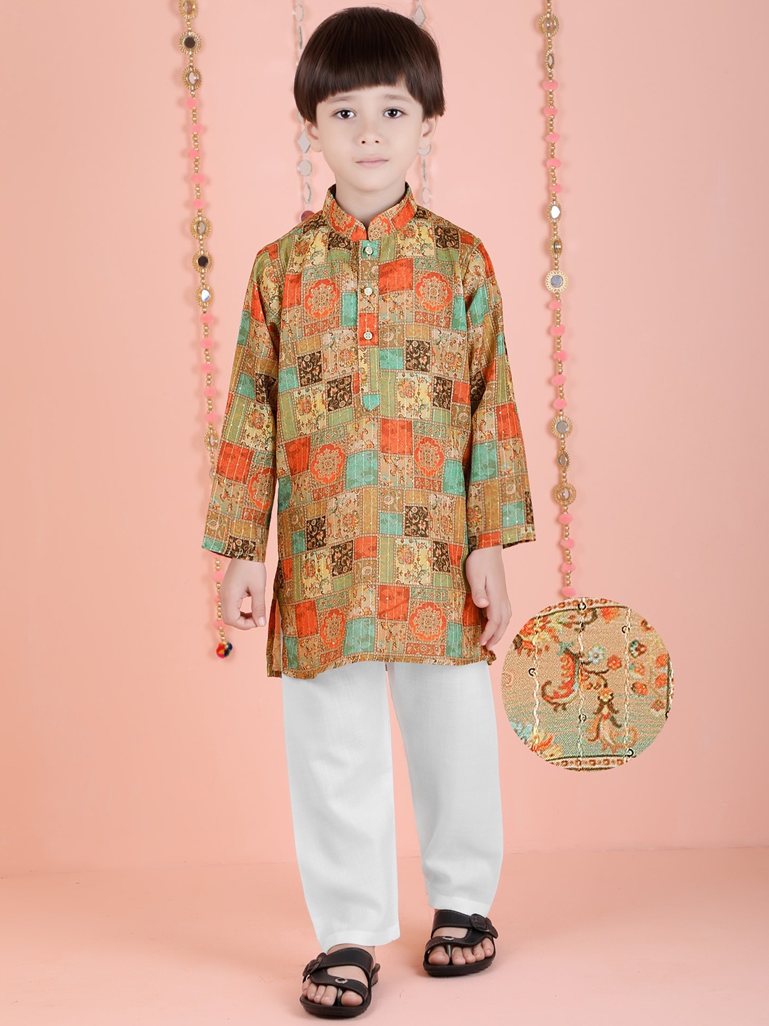 

KIDS FARM Boys Ethnic Motifs Printed Sequinned Kurta With Pyjama, Mustard