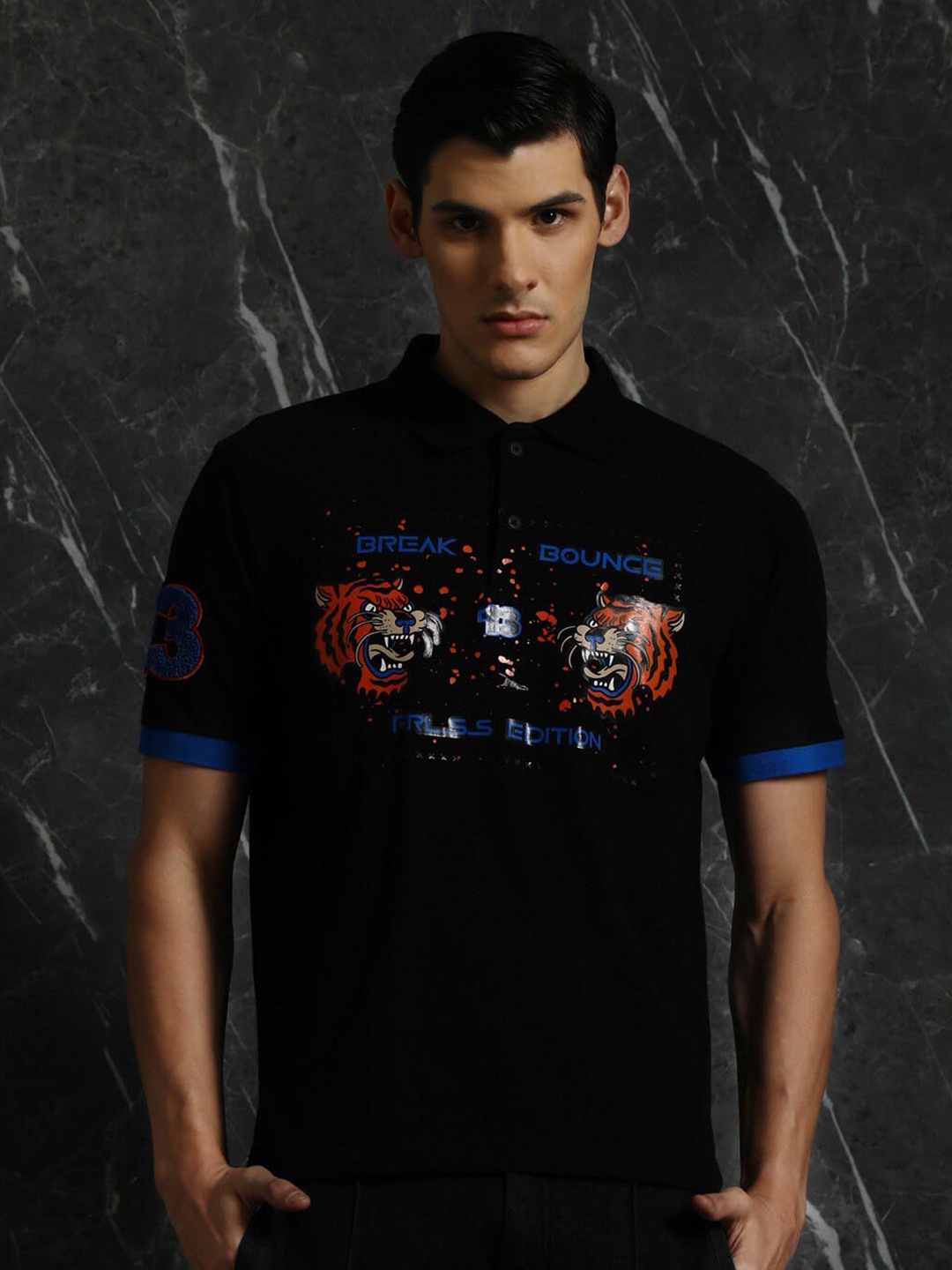 

Breakbounce Graphic Printed Polo Collar Cotton T-Shirt, Black