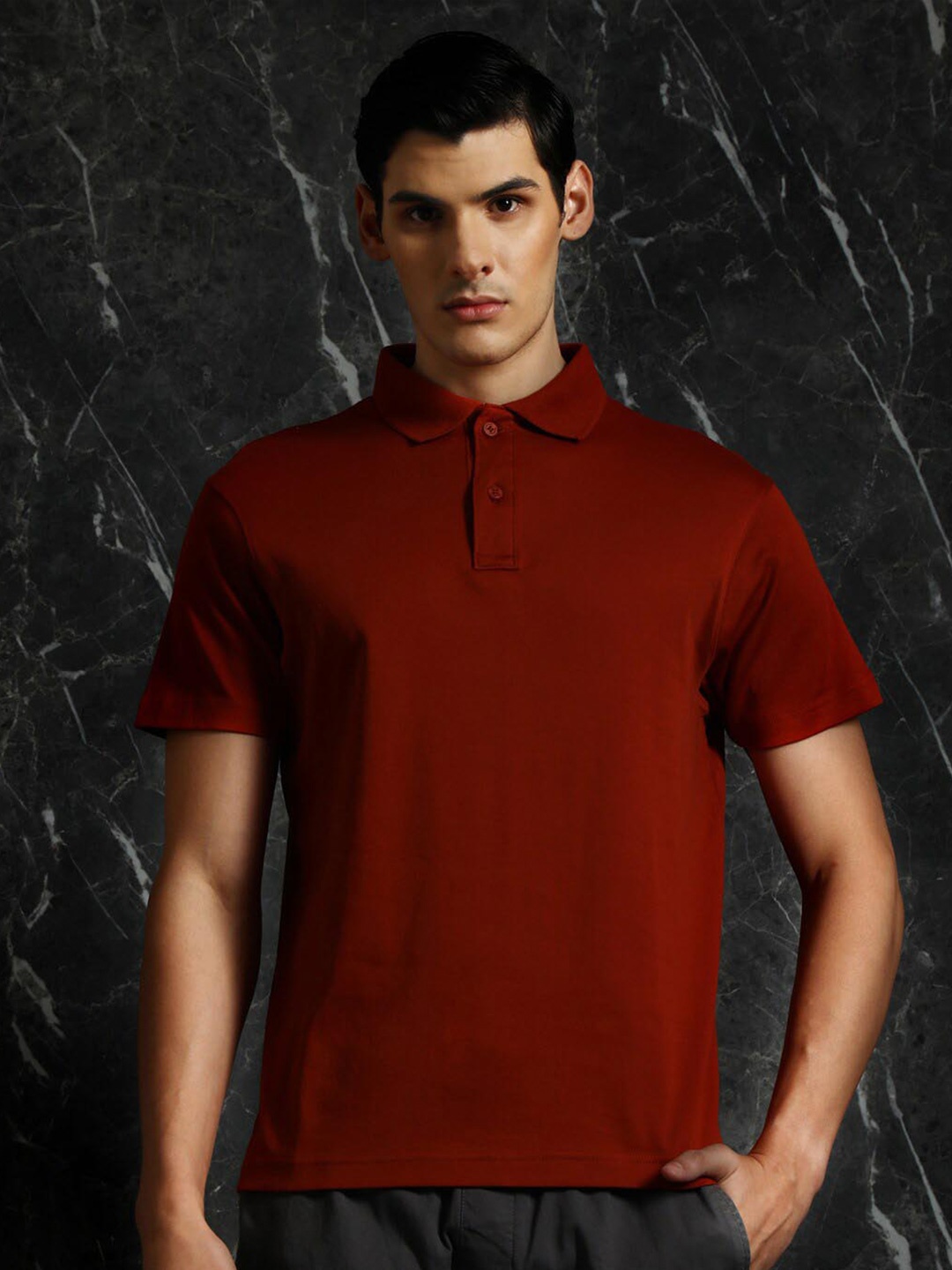 

Breakbounce Polo Collar Raw Edge T-shirt, Rust