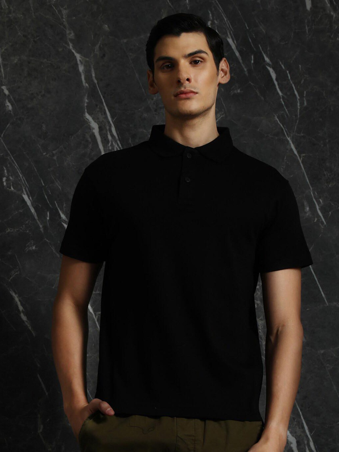

Breakbounce Black Polo Collar Cotton T-Shirt
