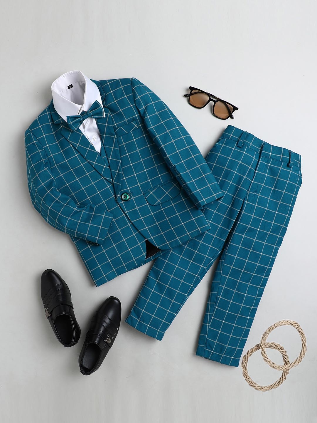 

BAESD Boys Checked Silk Cotton Single Breasted 4-Pieces Suit, Turquoise blue
