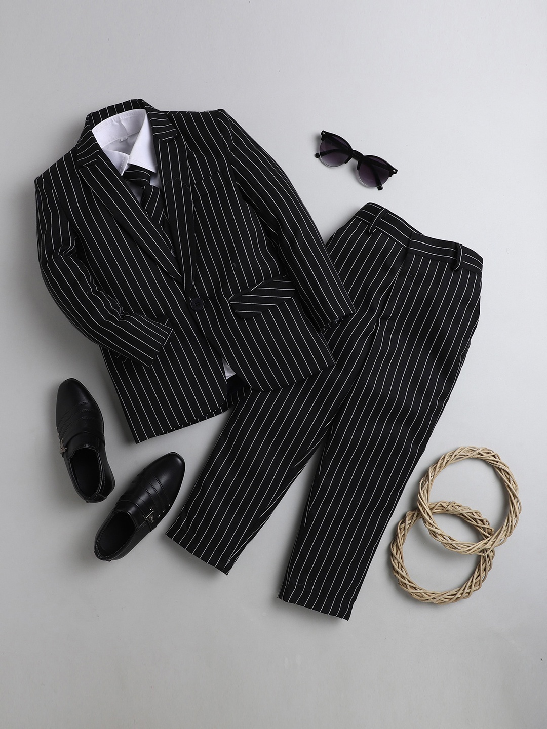 

BAESD Boys Striped Silk Cotton Single Breasted 4-Pieces Suit, Black