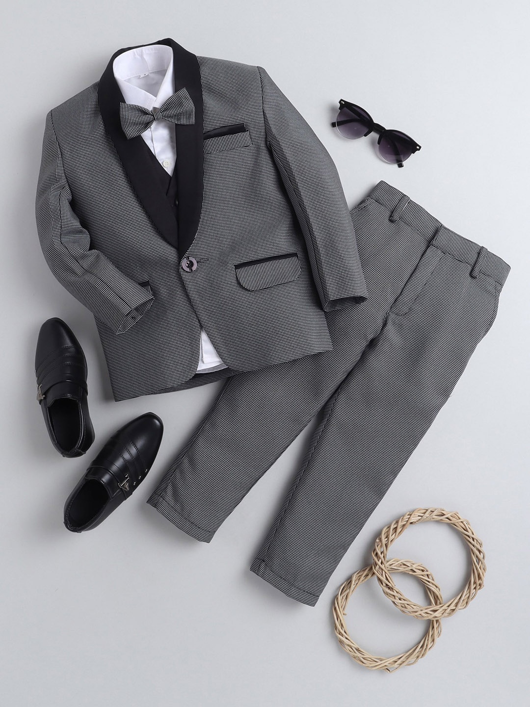 

BAESD Boys Self Design Silk Cotton Tuxedo 4-Pieces Suit, Grey