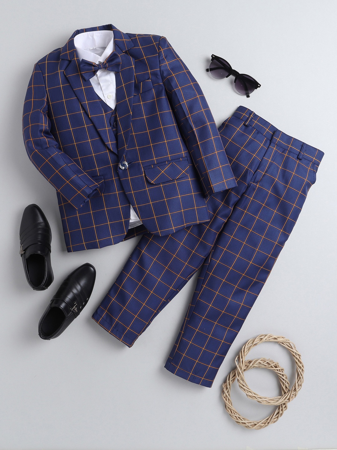 

BAESD Boys Checked Silk Cotton Single Breasted 4-Pieces Suit, Navy blue
