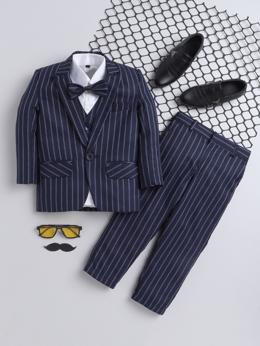 

BAESD Boys Striped Single-Breasted Silk Cotton 4-Piece Formal Suit, Navy blue